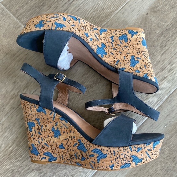 Anthropologie Arden Denim Blue Cork Platform Wedge Leather Sandals Size 9 - Picture 4 of 10
